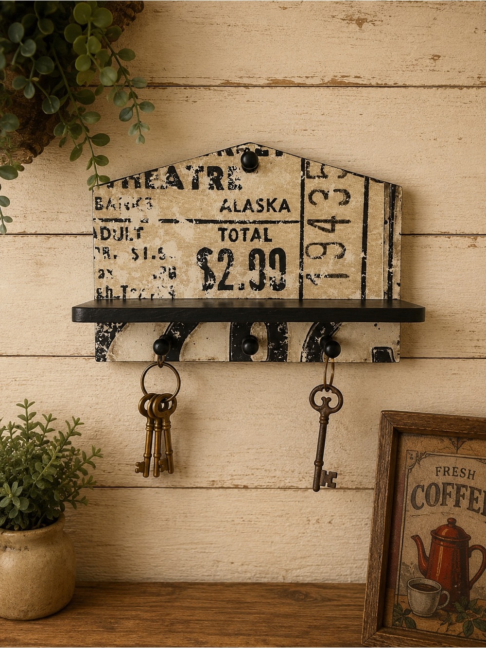 Vintage Ticket Print Key Rack with Black Shelf - Rustic Home Wall Decor